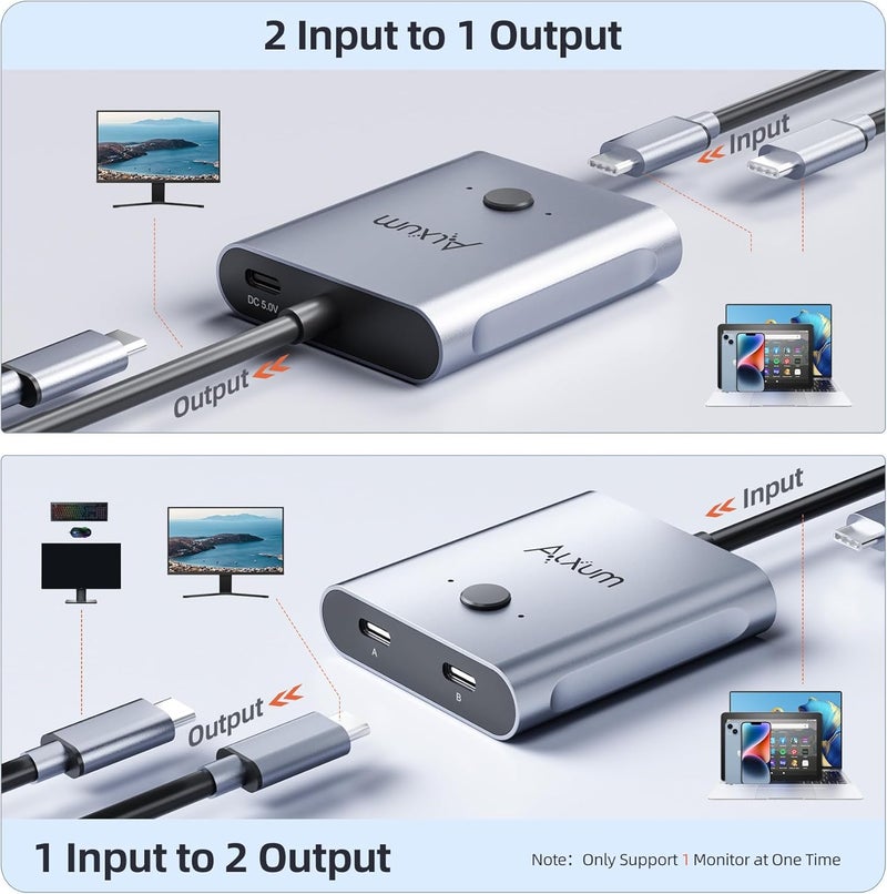ALXUM مفتاح USB C ثنائي الاتجاه - 2 في 1 خارج/1 في 2 خارج، حاسوبان يشاركان شاشة واحدة، مفاتيح KVM تدعم فيديو 8K@60Hz ونقل بيانات 10Gbps، كابلات USB-C مشمولة - Image 3